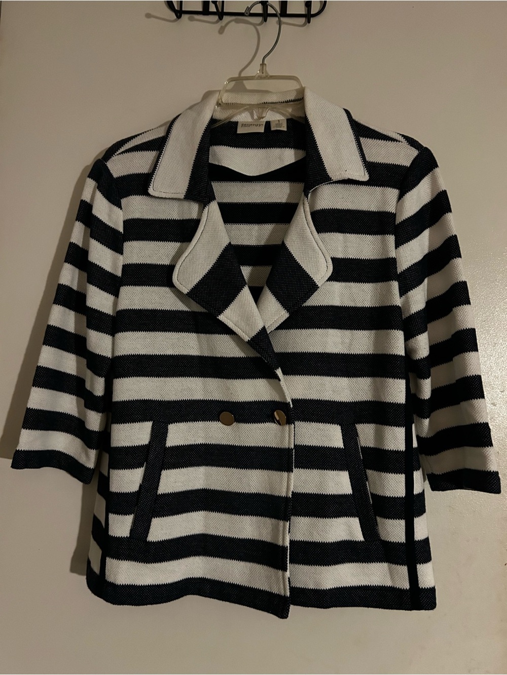 Chico's Black & White Striped Double-Breasted Blazer